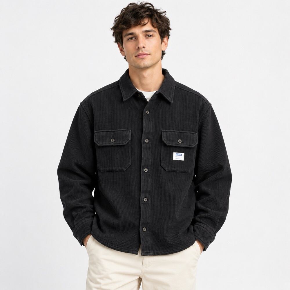 HUGO Boss Ekynone Men’s L Black Waffle Knit Overshirt Shirt Jacket Shacket